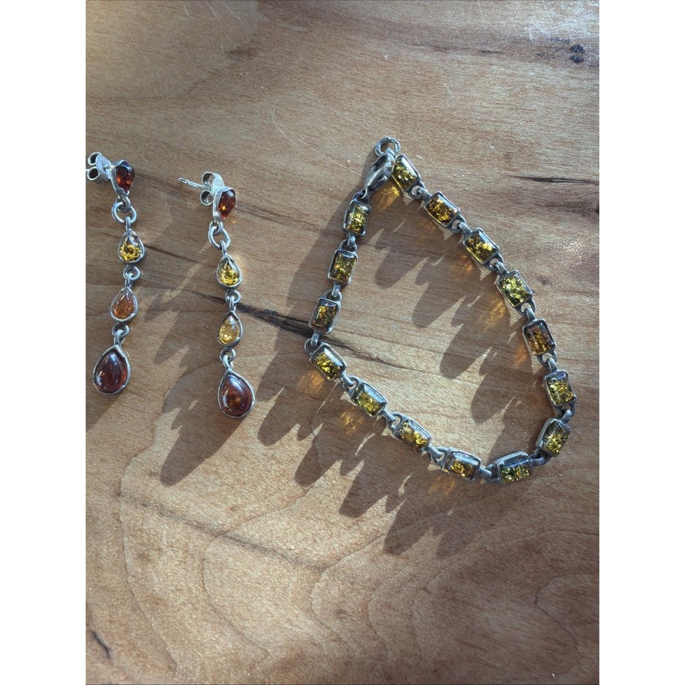 Vintage Baltic Amber Bracelet‎ & Teardrop Earrings Sterling Silver 925